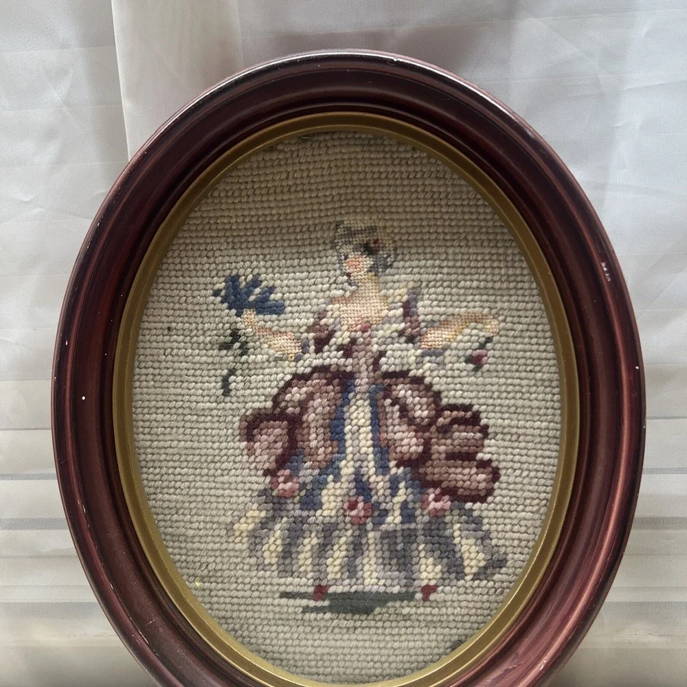 Vintage Cross Stitch Victorian Woman Oval Frame